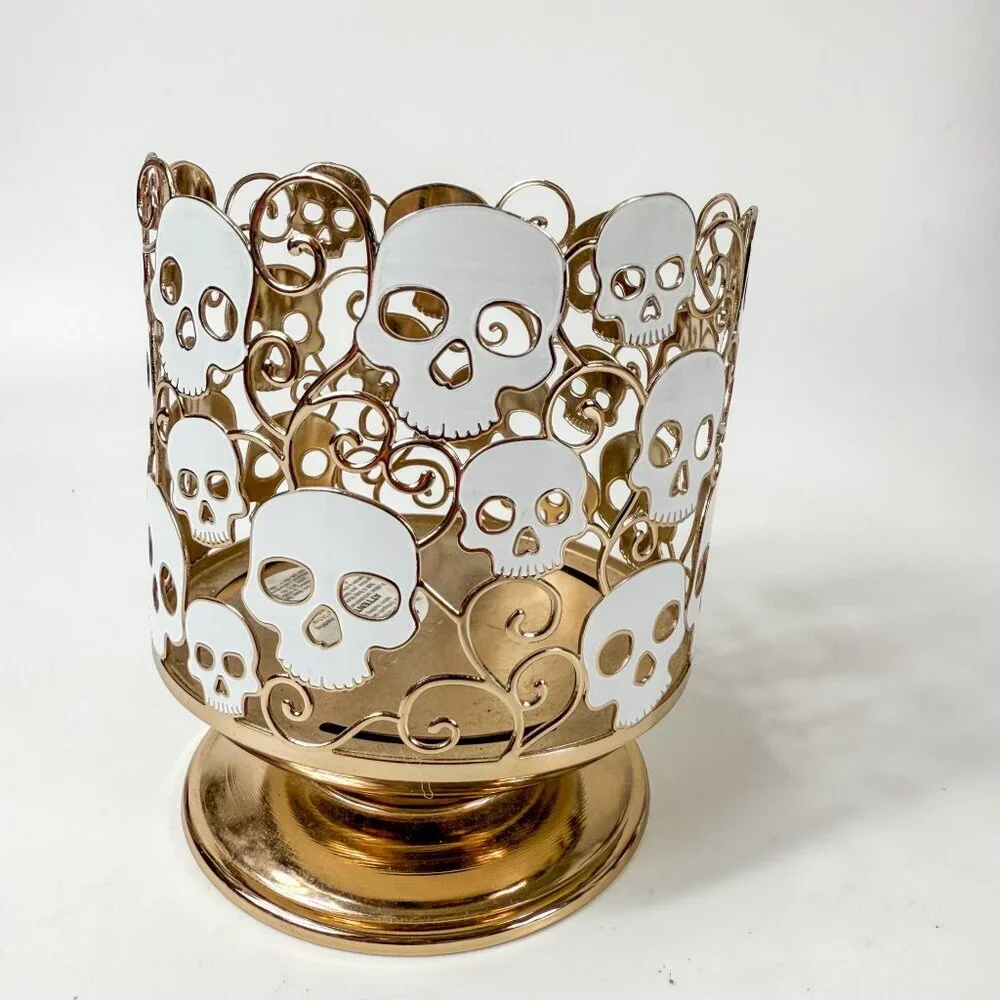 Bath & Body Works Gold Tone White Skulls 3-Wick Pedestal Candle Holder